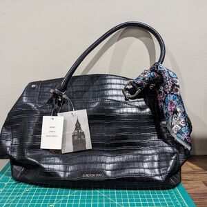 London Fog Black Croc-Embossed Tote Bag with Scarf Accent